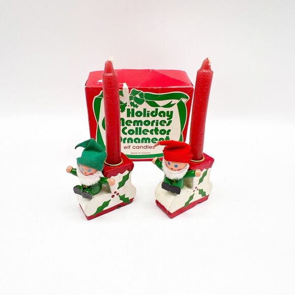 Wooden Elf On Boot Candle Holders Holiday Memories Collector Vintage Christmas - Picture 1 of 12